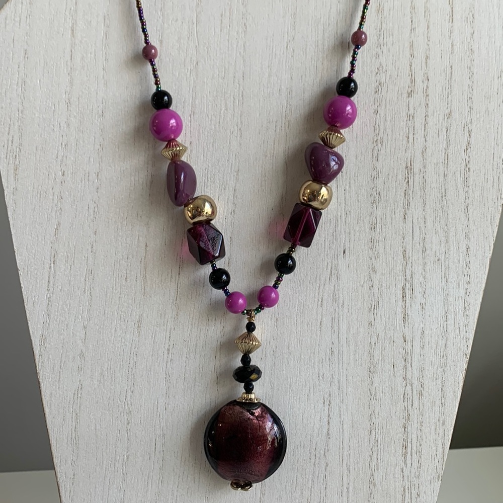 Beaded Statement Necklace in Purple, Pink & Gold Tones